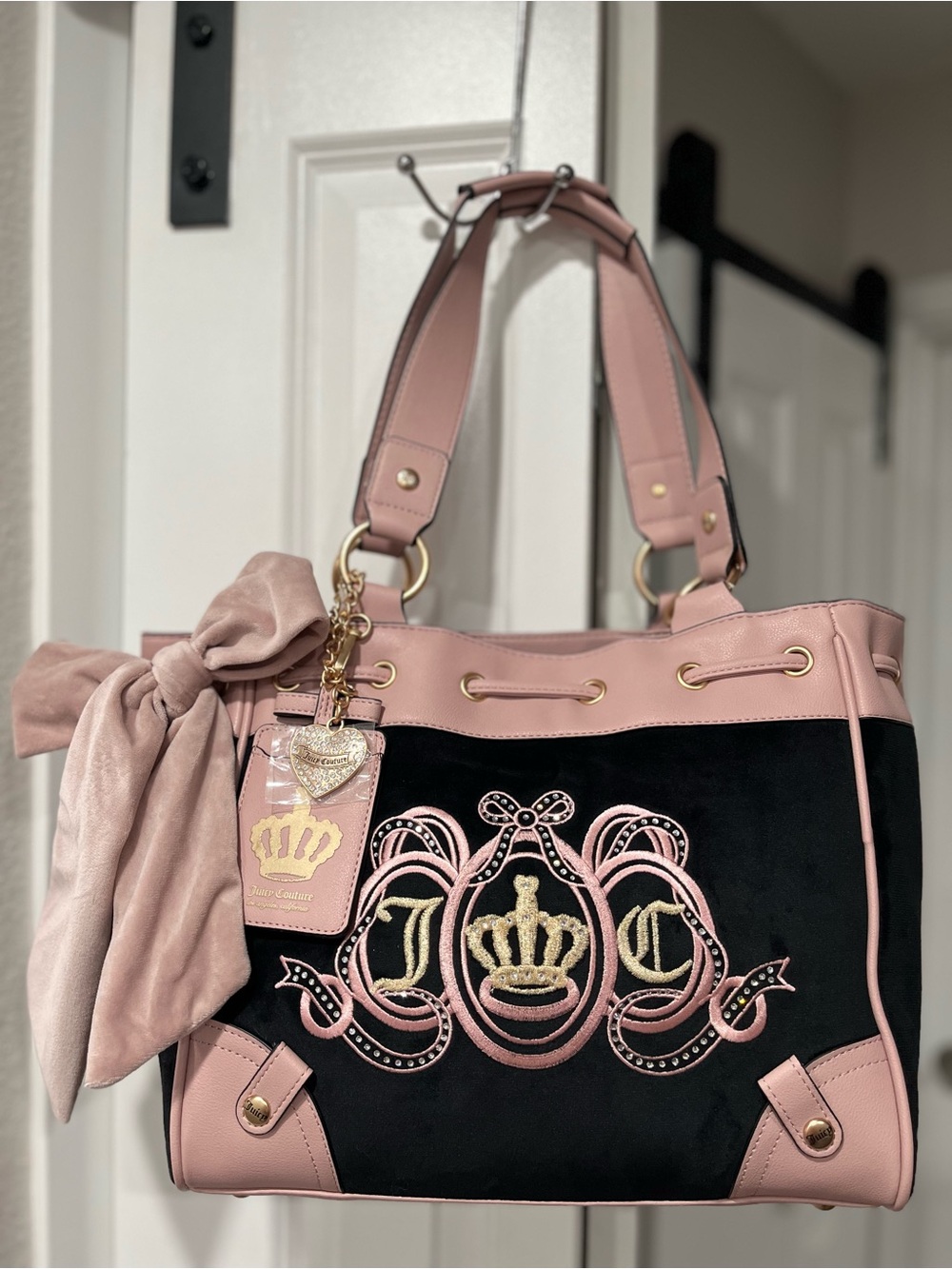 Juicy Couture Pink and Black Embroidered Tote with Bow